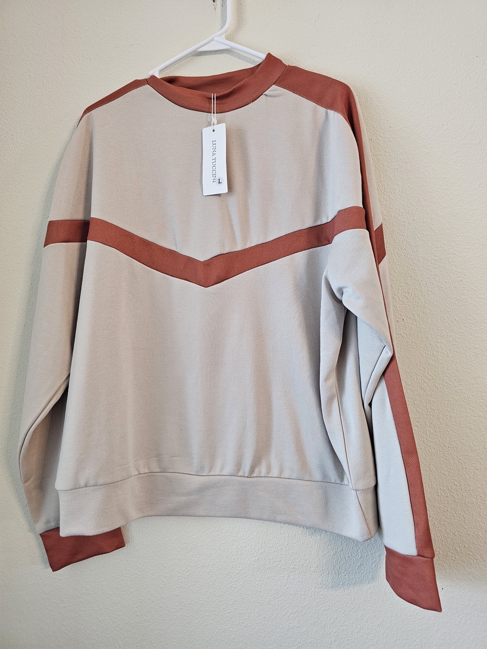 Luna Tuccini Cream and Rust Long Sleeve Colorblock Tee